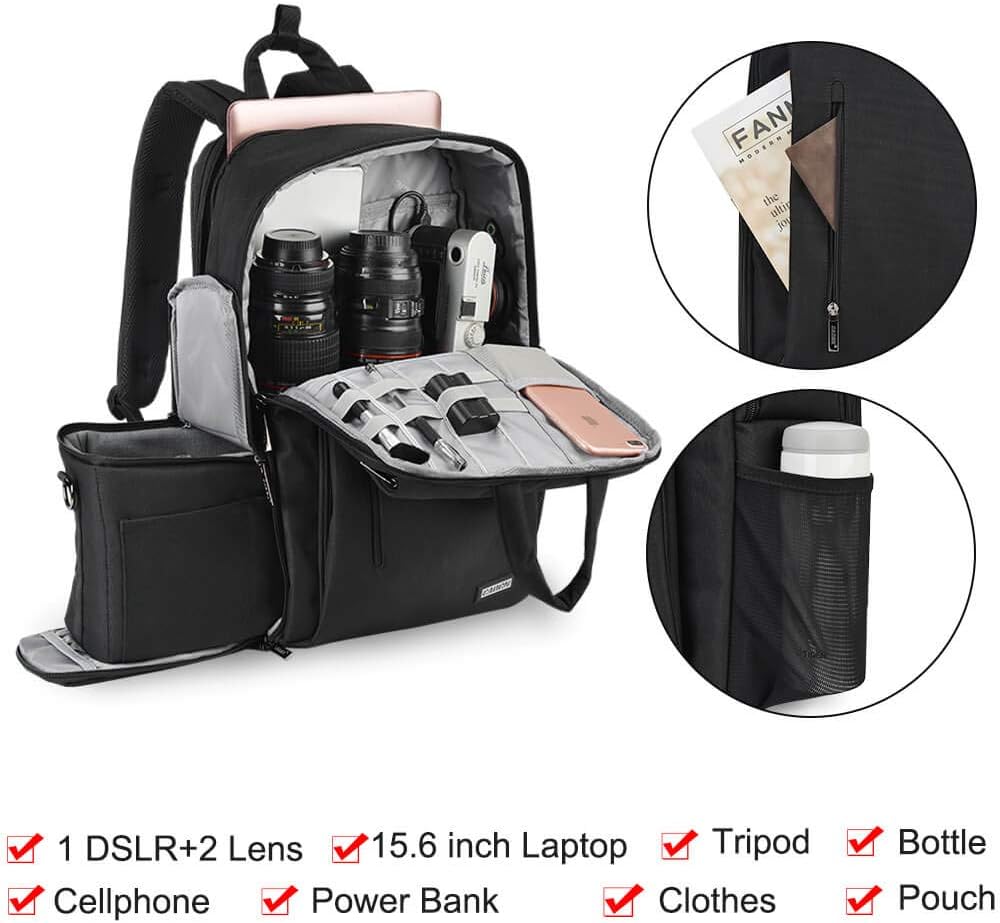 CADeN DSLR Camera Backpack Bag Waterproof Anti Theft with 15.6 inch Laptop Compartment, USB Charging Port, Tripod Holder, Rain Cover, Inner Case, Compatible for Sony Canon Nikon Olympus Black