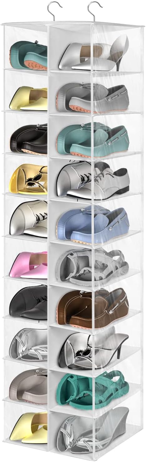 coastal rose Hanging Shoe Organizer for Closet, 20 Sections Hanging Closet Organizers and Storage Shelves, Space Saving Shoe Storage Rack Holder, Transparent White, 12''W×12''Dx 50''H