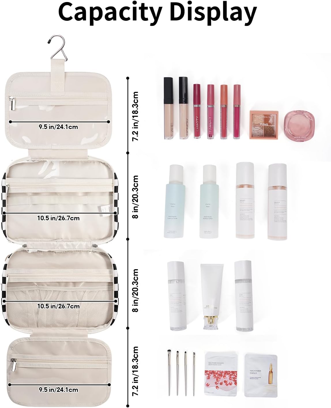 Narwey Hanging Toiletry Bag for Women Travel Makeup Bag Organizer Toiletries Bag for Travel Size Essentials Accessories Cosmetics (Black Checkerboard (Medium))