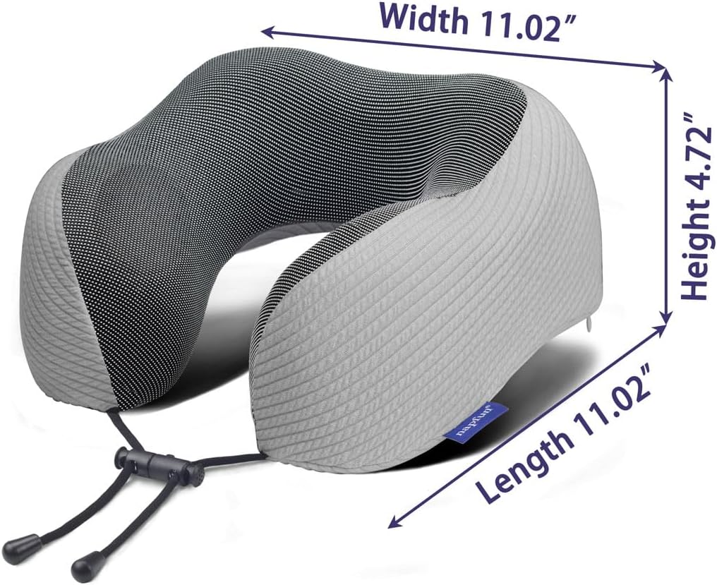 napfun Neck Pillow for Traveling, Upgraded Travel Neck Pillow for Airplane 100% Pure Memory Foam Travel Pillow for Flight Headrest Sleep, Portable Plane Accessories, Striped Light Grey Set