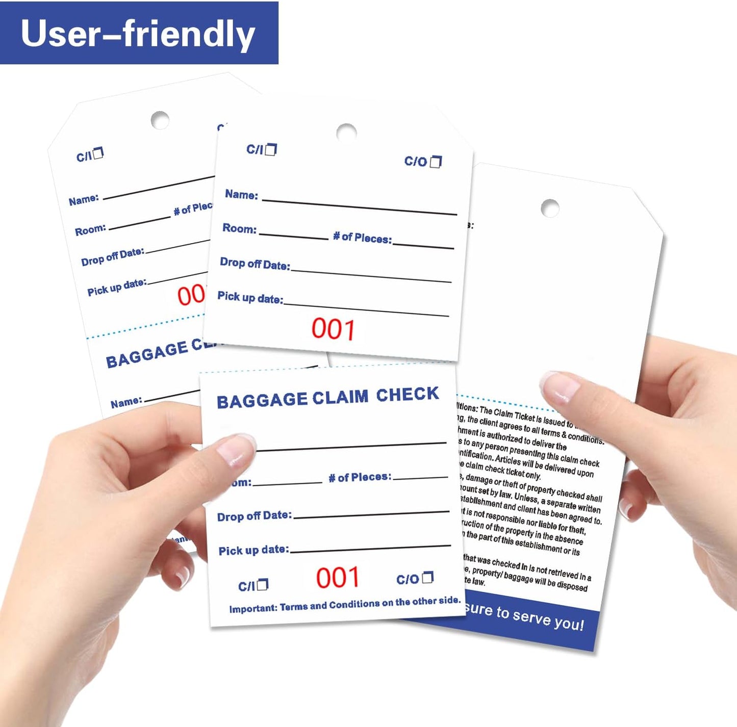 1000 Baggage Claim Check Tags with Transfer Tape on Back, 4 3/4 x 2 3/8 Hotel Luggage ID Tags Numbering from 001 to 1000, Baggage Identification for Hotel Suitcase Motel Bag