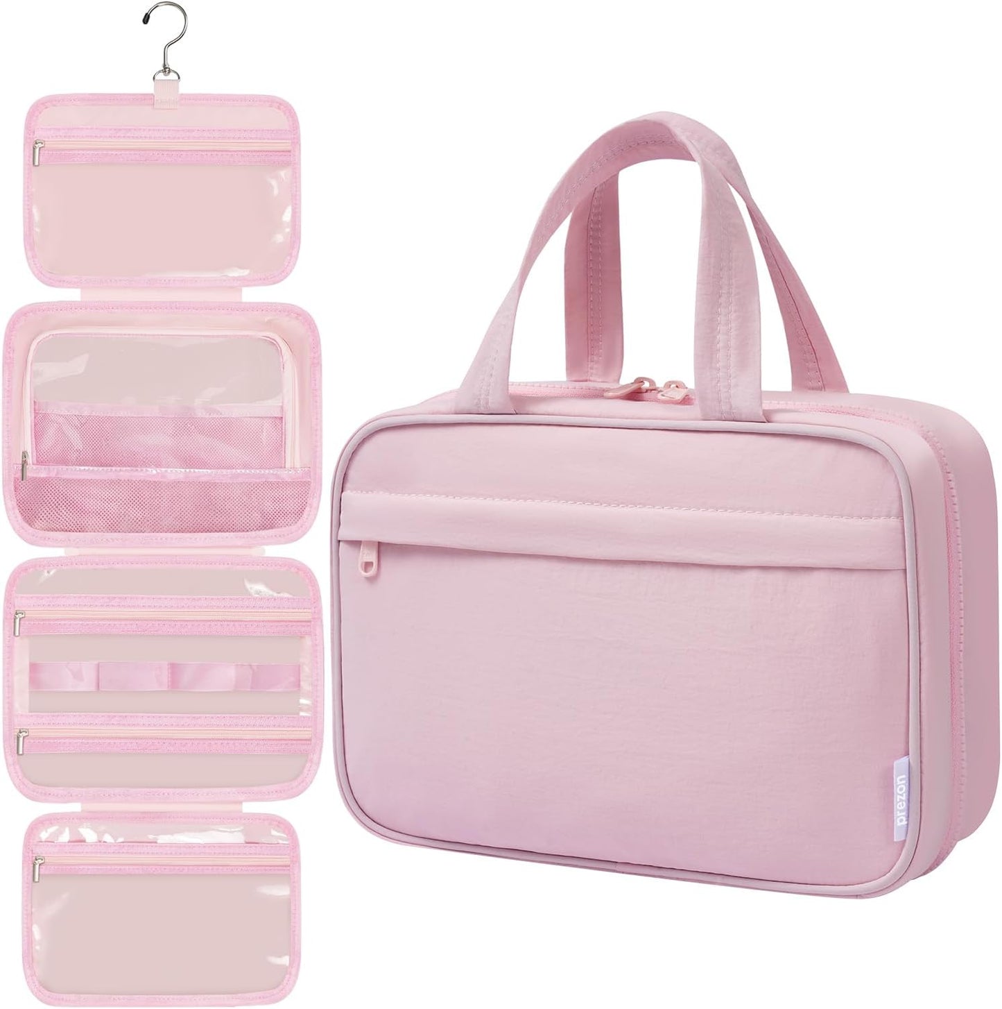 Toiletry Bag For women,Portable Hanging Organizer,4 Leakproof Compartment for full-sized Conditioner, Brushes Set, Makeup Accessories,Visible and easy to access.M-pink