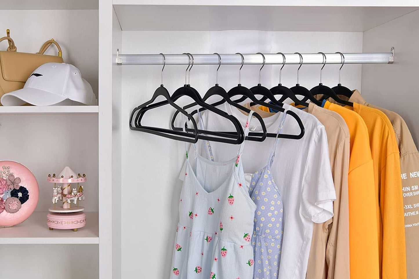 Quality Hangers 50 Pack Slim Plastic Hangers for Clothes - Heavy Duty Non-Velvet Black Hangers with 360° Swivel Chrome Hook & Non Slip Notches - Ideal for Dresses Coats Shirts Jackets & More - Black