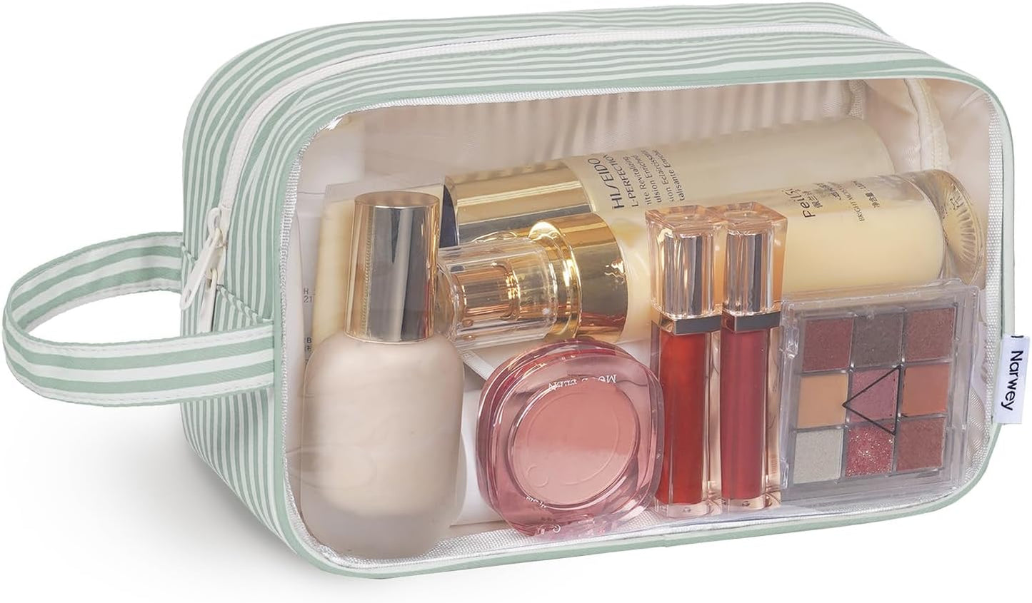 Narwey Clear Toiletry Bags for Traveling Women Men, Clear Travel Bags for Toiletries Makeup Bag Cosmetic Bag with Zipper, Make Up Organizer, Skincare Bag (Mint Green Stripe)