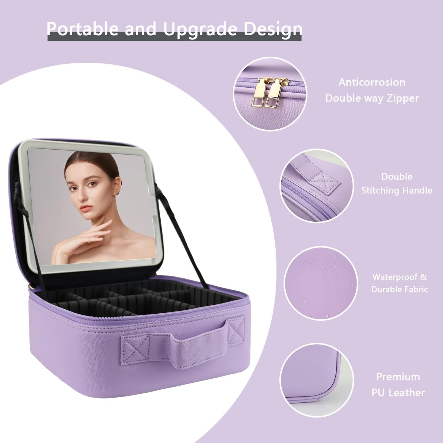Makeup Bag with Led Mirror,Travel Makeup Organizer with 3 Color Setting & 10X Magnifying Mirror, Portable Storage and Adjustable Dividers Travel Makeup Bag-Purple