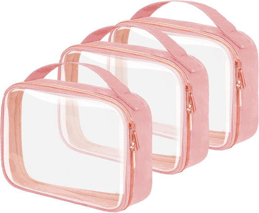 TSA Approved Travel Toiletry Bag,3 Pack Clear Makeup Bags with Handles,Quart Size Clear Cosmetic Bags for Traveling Women,Men,Carry on Airport Airline Compliant Bag,Pink