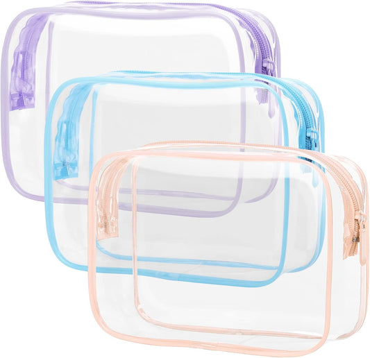 PACKISM Clear Toiletry Bag - 3 Pack TSA Approved Toiletry Bag Quart Size Bag, Travel Makeup Cosmetic Bag for Women, Carry on Airport Airline Compliant Bag, Blue-Purple-Pink