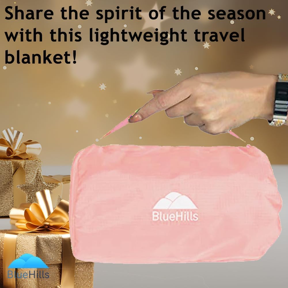 BlueHills Ultra Compact Travel Blanket Pillow in Portable Bag Case Soft with Strap Backpack Clip Premium Cozy Soft Compact Pack Large Blanket for Airplane Flight Layover - (Pink C006, 70 x 56 inch)