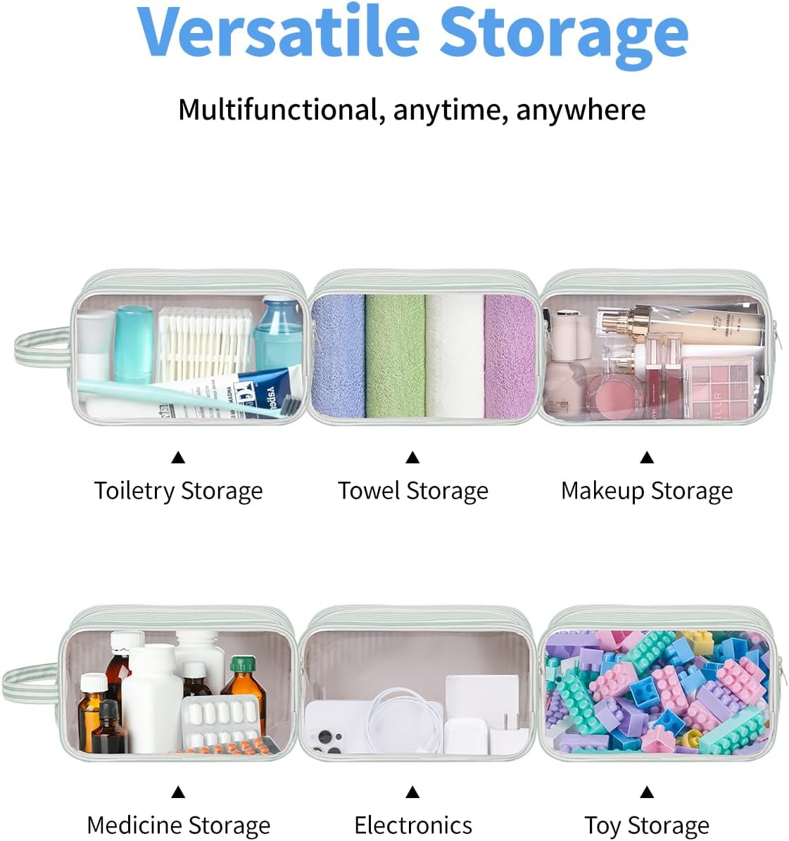 Narwey Clear Toiletry Bags for Traveling Women Men, Clear Travel Bags for Toiletries Makeup Bag Cosmetic Bag with Zipper, Make Up Organizer, Skincare Bag (Mint Green Stripe)