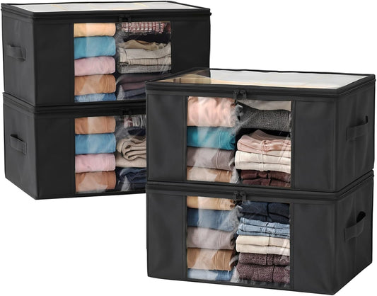 Clothes Storage Bags, Foldable Thick Fabric Blanket Storage Bags, Large Clear Window & Carry Handles, Great for Clothes, Blankets, Closets, Pillows, Toys (Black, 4PACK)