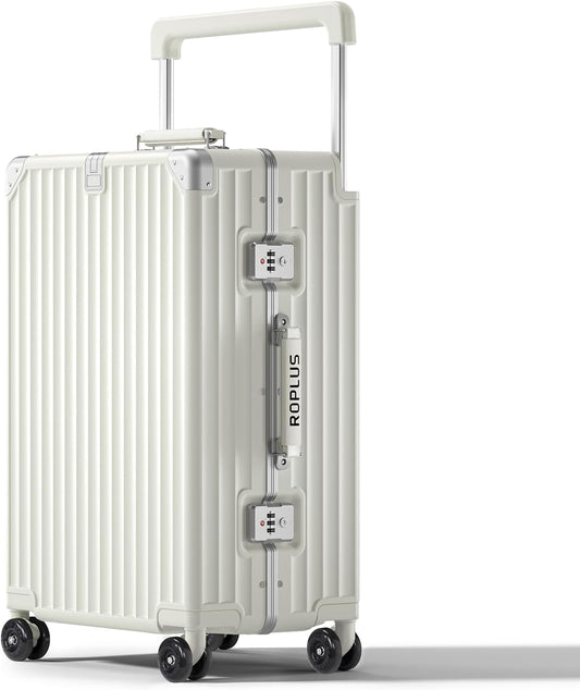 Aluminium Frame Checked-Luggage with Smooth Jelly Wheels, Hardside Zipperless Rolling Suitcase with TSA Lock (Pure White, 24-Inch)