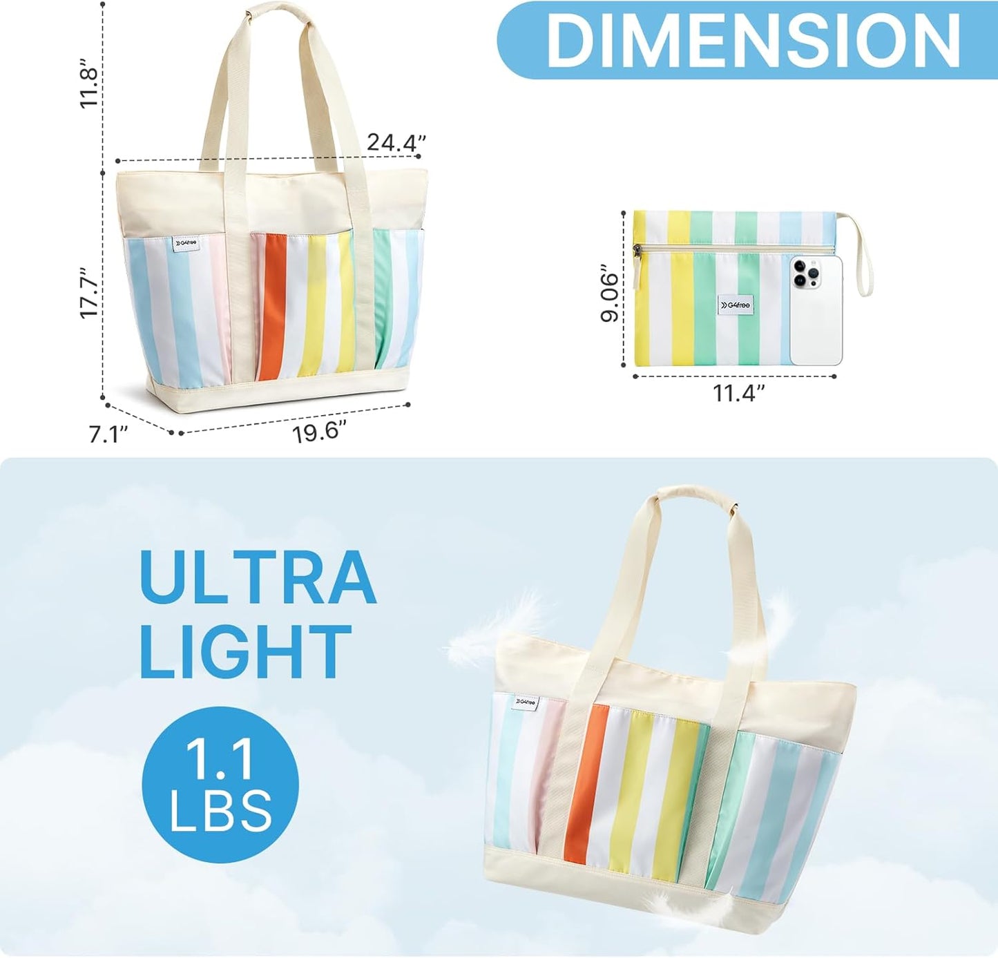 G4Free Beach Bag,Waterproof Beach Tote Pool Bags for Women,Compatible with Stanley Cup,Foldablefor Weekender Travel