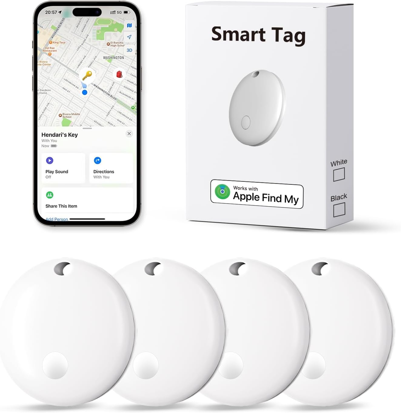 Tracker Tags, Item Finder Work with Apple Find My (iOS Only), Tracking Device Locator Smart Tag for Luggage, Keys, Wallet, Bike, Pets, Bags (White, 4 Pack)