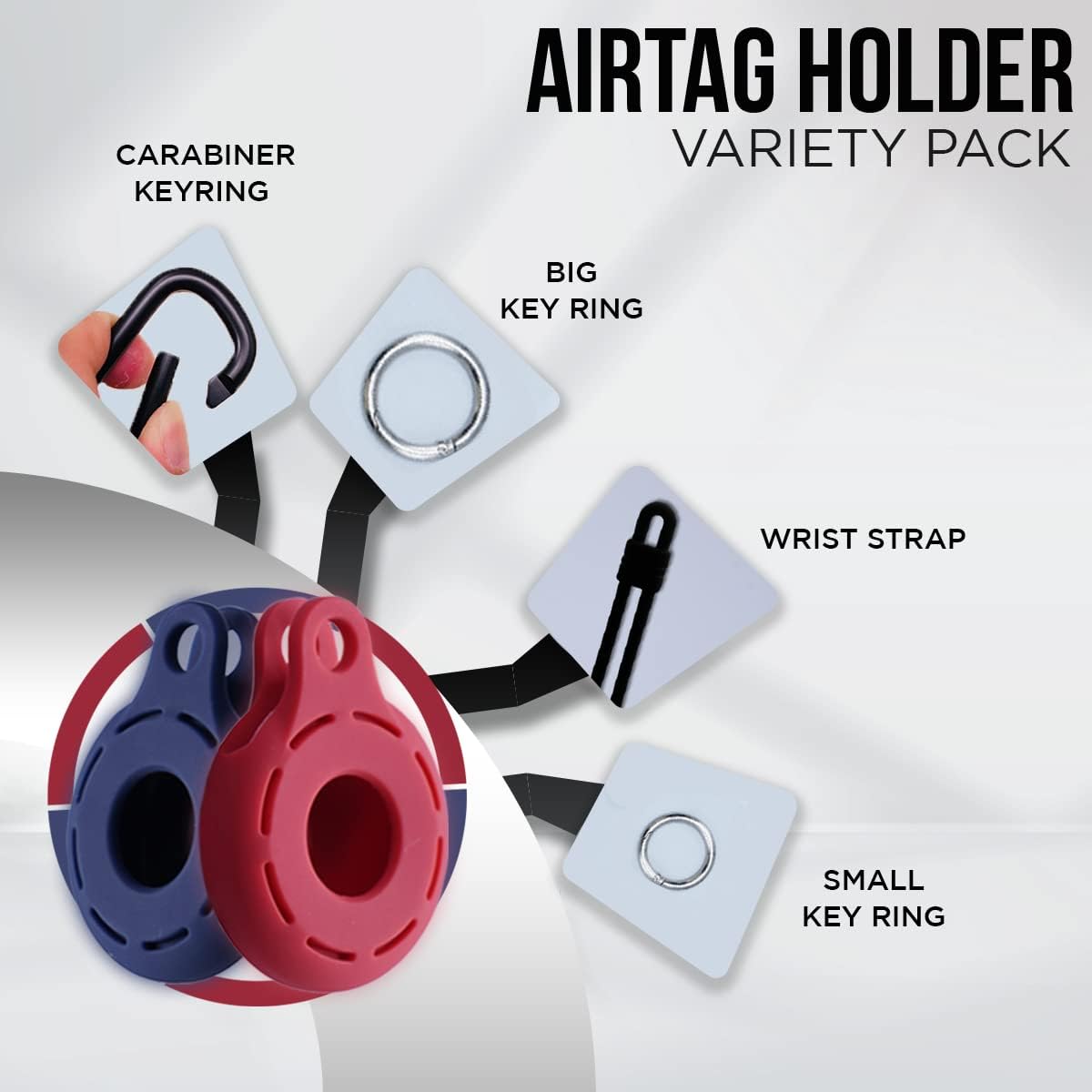 Apple AirTag 4 Pack Shockproof, Dustproof & Washable Cases, Silicon Holders with Accessories for Wallets, Luggage, Pet Collars, Key Finders (Blue - Red)