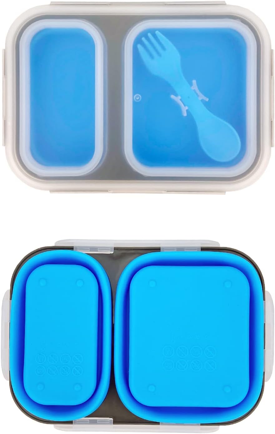 2 Compartments Collapsible Airtight Bento Box with Ideal Portion 600ml & 450ml and 2 in 1 Spoon & Fork, Food Grade Silicone Lunch Container for Adults Work Travel, Microwave Safe