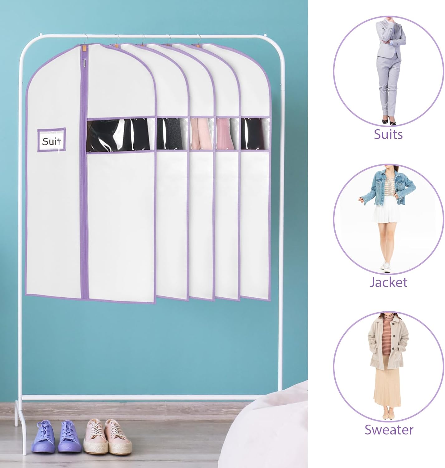 Syeeiex 40" Suit Bag(Set of 8), Garment Bags for Hanging Clothes, Suit Bags for Closet Storage, Garment Bags for Suits, T-shirts, Jackets, Coats, Business Wear(White & Purple)