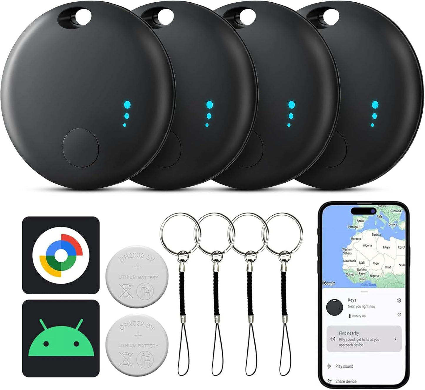 Air Tags for Android, Bluetooth Smart Tags for Android, Luggage Tracker Works with Google Find My Device App, Key Finders Item Locator for Keys, Wallets, Suitcases, Replaceable Battery, 4 Pack