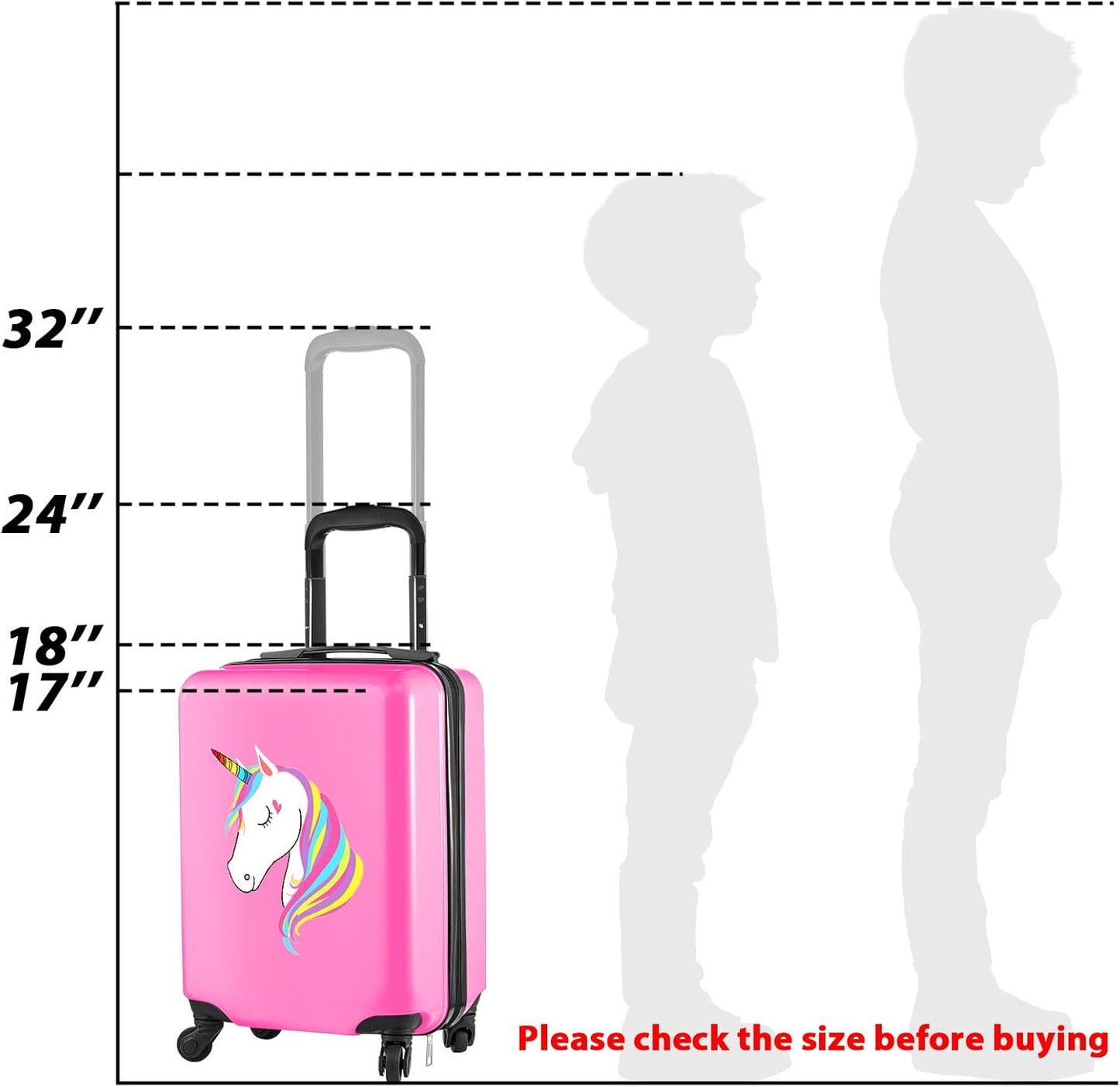Sanwuta 4 Pcs Kids Luggage Set Kids Backpack Travel Rolling Suitcase with Wheels U-shape Pillow Childrens Gift for Girls Boys(17 Inch,Unicorn Style,Pink)