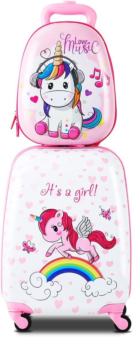 HONEY JOY Kids Luggage, 12" Toddler Backpack & 16" Travel Suitcase with Wheels, Lightweight Toddler Girls Suitcase, Durable ABS Hardshell, 2Pcs Carry On Luggage Set for Boys Girls(Unicorn)