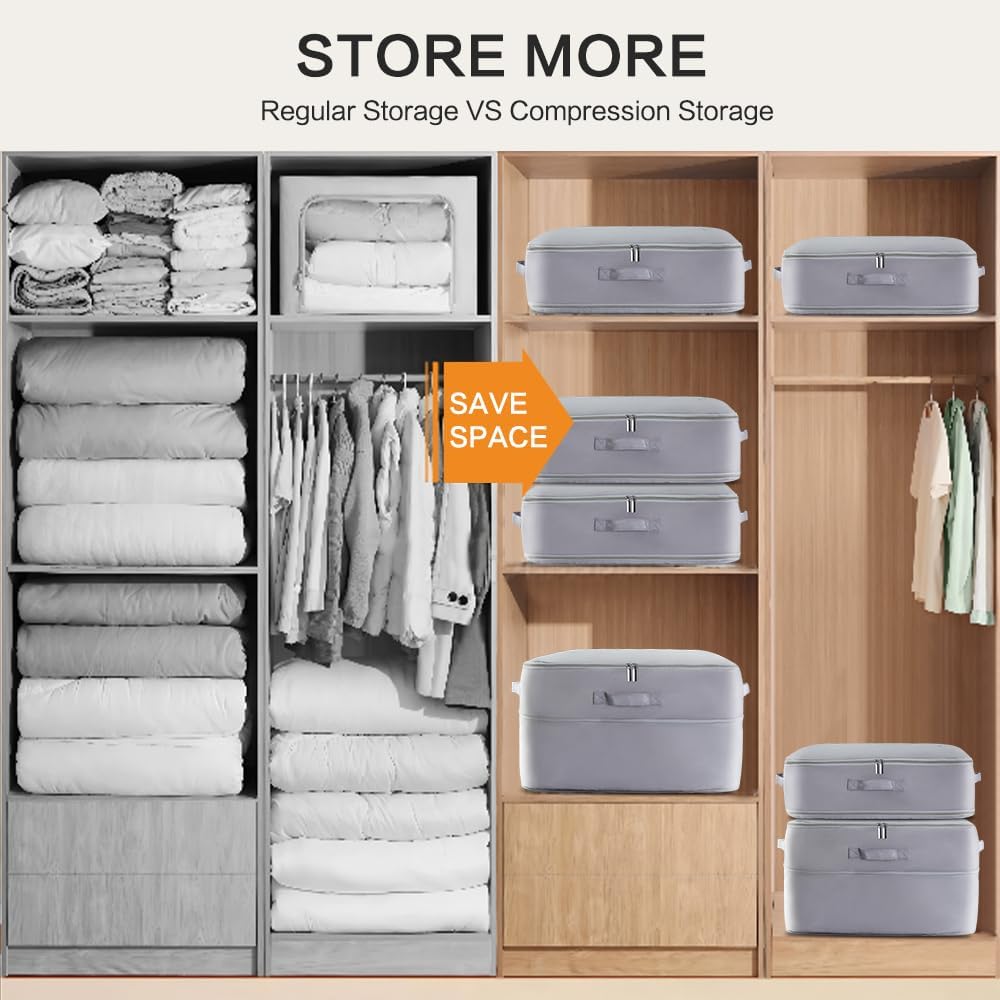 Ultra Space Saving Self Compression Storage Bags with Zipper, （Grey) -Compression Organize for Bedding, Comforter Storage Bag for Blankets Duvet Quilts Pillows