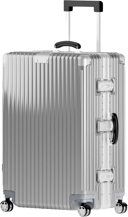 KARGO 29 Inch Check-In Luggage - Polycarbonate Hard Shell Suitcase with Aluminum Corners, Smooth-Rolling Wheels, Leather Handle, Aluminum Frame Luggage, Zipperless TSA Lock (Silver, 29 Inch Check-In)