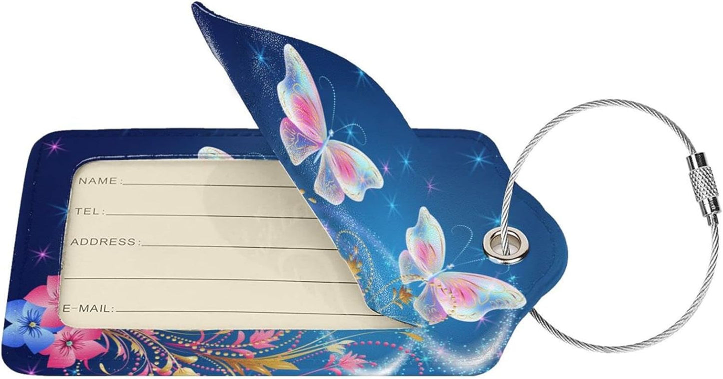 2 Pcs Beautiful Blue Luggage Tags with Two Butterflies for Women Girls Travel, Flower PU Leather Bag Tags for Suitcases with Stainless Steel Loop & Privacy Name ID Card, Labels Identifiers
