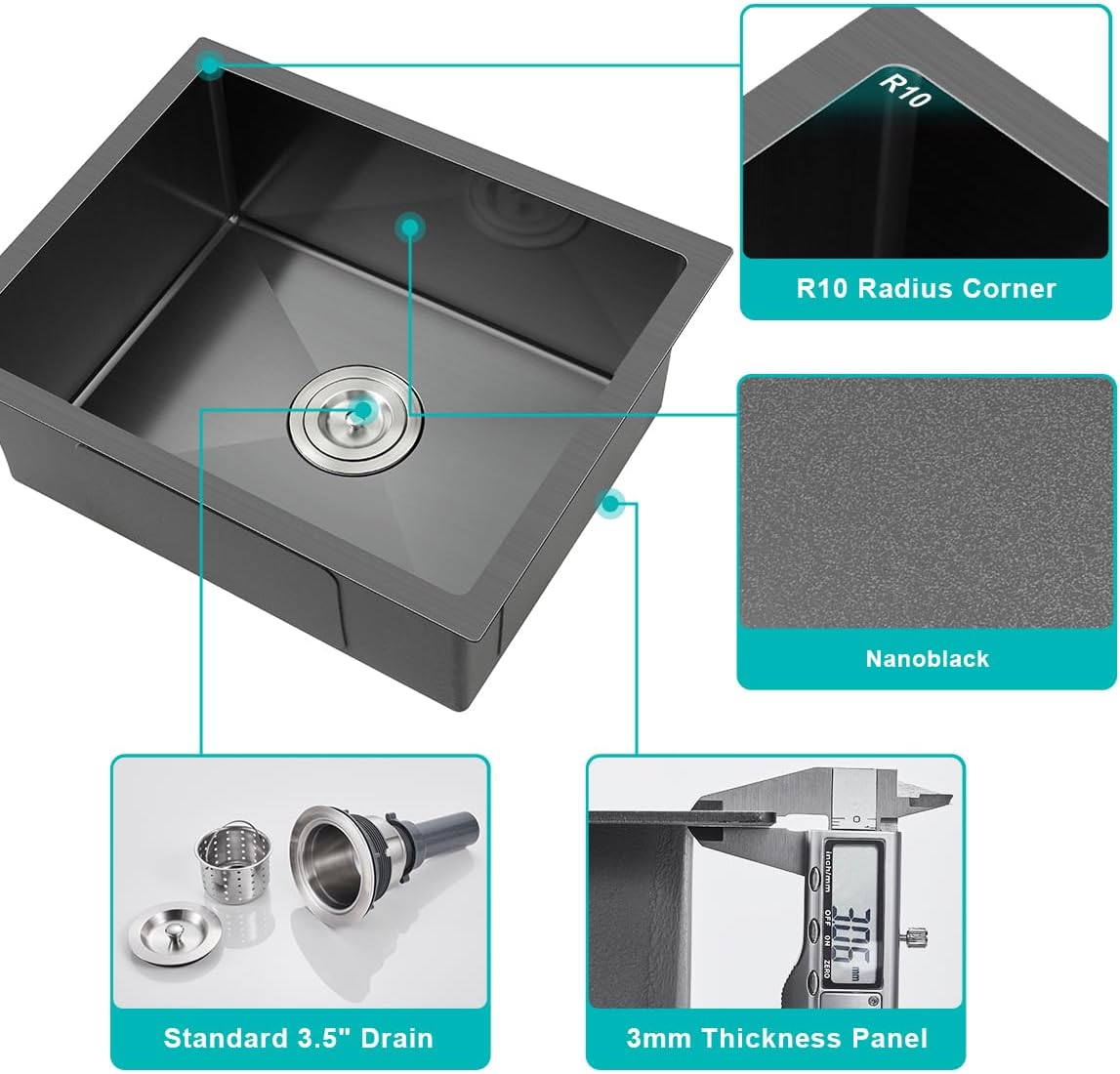 22 x 18 Inch Undermount Kitchen Sink, 18 Gauge Stainless Steel Handmade Single Bowl Kitchen Sink, 9 Inch Deep Bowl Bar Sink, Black