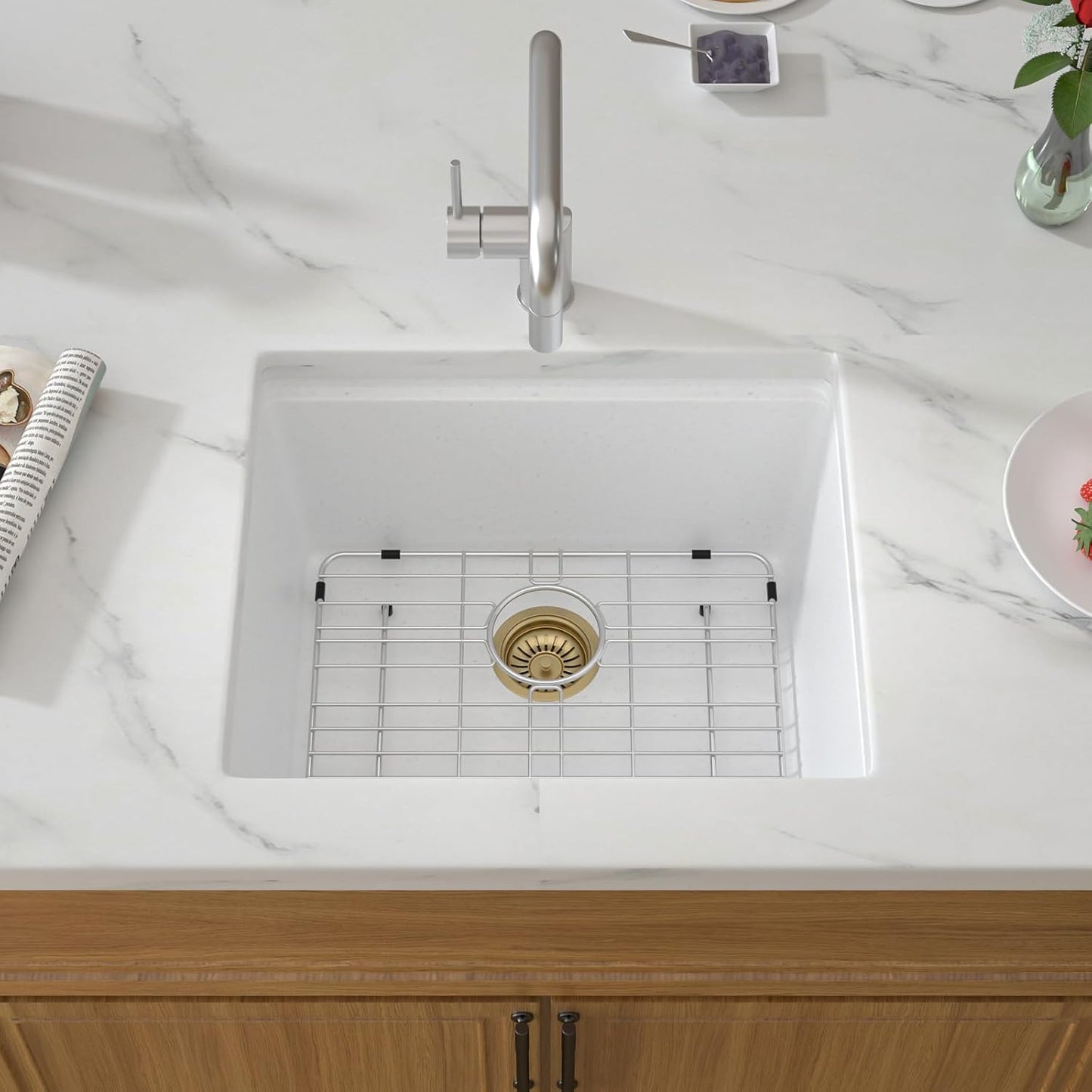 21 Inch White Granite Composite Bar Sink 21x18 Single Bowl Granite Composite Undermount Small Kitchen Sink Small Wet Bar Sinks with Workstation Quartz Natural Stone