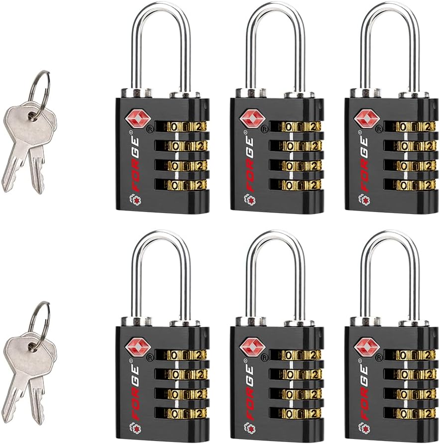 Forge Dual-Opening: Key or Combination Access Lock, Use Key to Recover Code If Forgotten, TSA Approved Locks for Luggage, Pelican case, Travel, Gym, School, Stainless Steel Shackle.(Black 6 Pk)