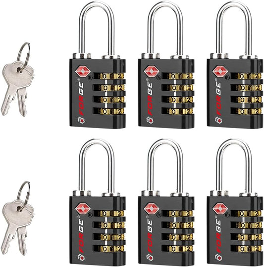 Forge Dual-Opening: Key or Combination Access Lock, Use Key to Recover Code If Forgotten, TSA Approved Locks for Luggage, Pelican case, Travel, Gym, School, Stainless Steel Shackle.(Black 6 Pk)