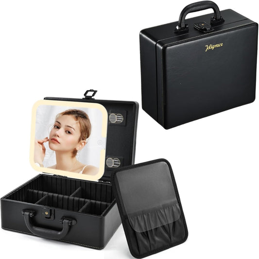 Joligrace Makeup Box with Detachable Lighted Mirror, Travel Train Case, Portable Makeup Case Cosmetic Organizer Vanity Cases for Women with Adjustable Dividers, Rechargeable Magnetic LED Mirror, Black