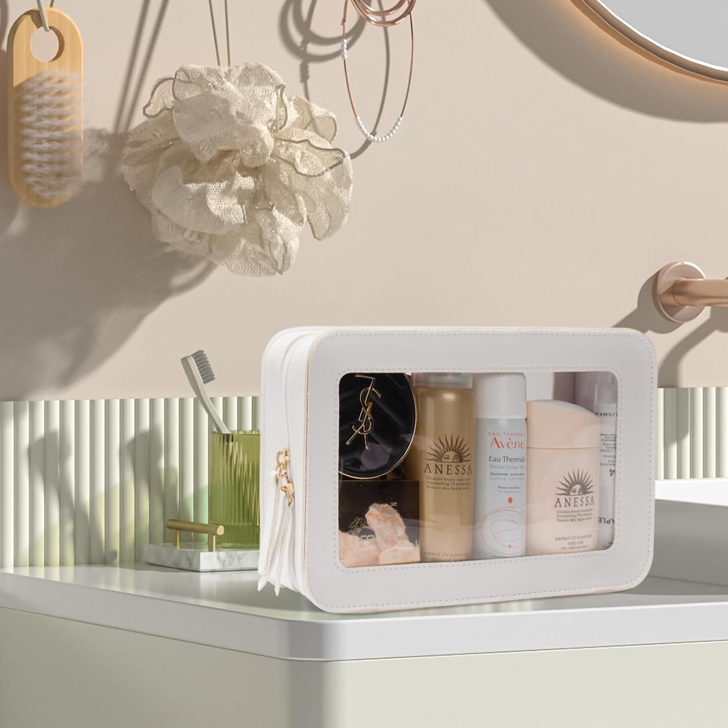 LETGO Clear Makeup Bags, TSA Approved Toiletry Bag with Zipper, Transaparent Makeup Organizer Fit Carry-on Travel Essentials,Clear Cosmetic Bags for Women Men (O-Beige)