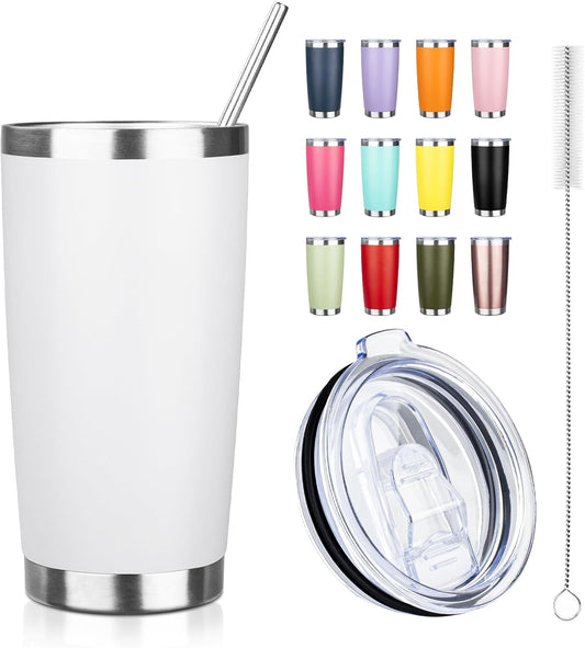 20oz Tumbler with Straw and Brush, Stainless Steel Vacuum Insulated tumbler, Double Wall Insulated Coffee Tumbler for Outdoor, Home, Travel,Office (White,1pcs)