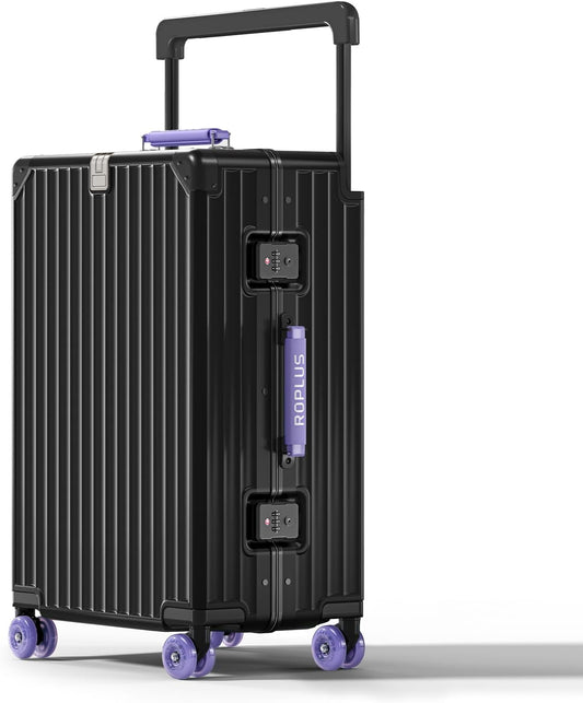 Aluminium Frame Checked-Luggage with Smooth Jelly Wheels, Hardside Zipperless Rolling Suitcase with TSA Lock (BlackPurple, 24-Inch)