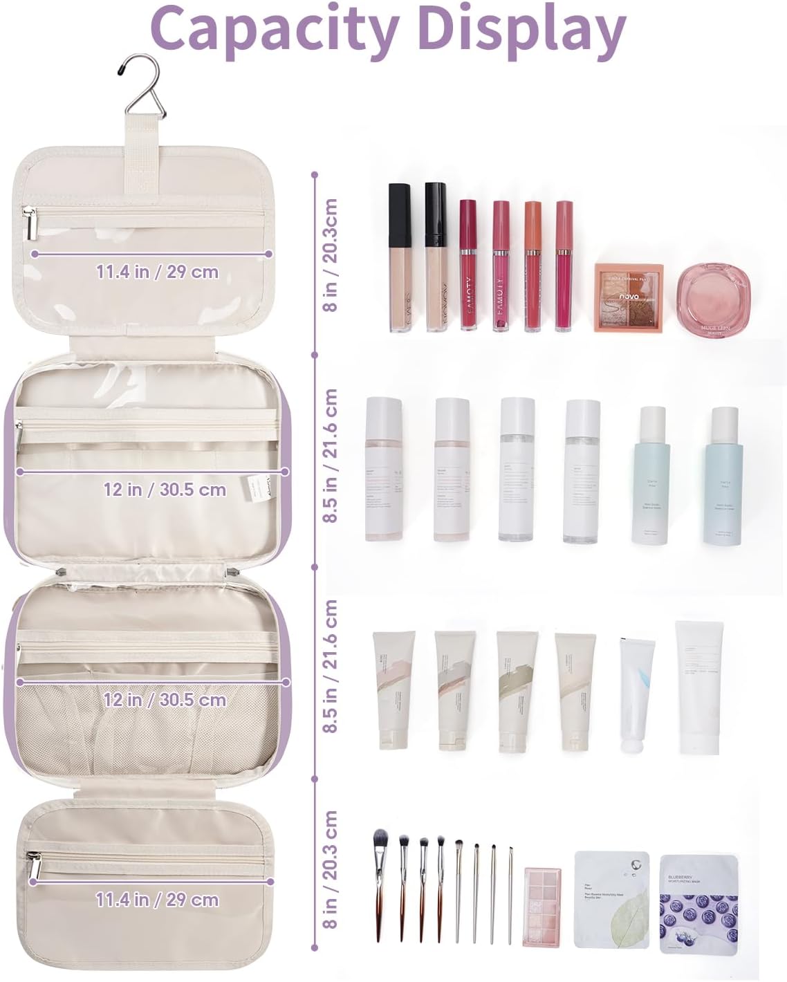 Narwey Travel Toiletry Bag for Women Large Hanging Makeup Bag Organizer Toiletries Bag for Full Size Essentials Accessories Cosmetics (Purple (Large))