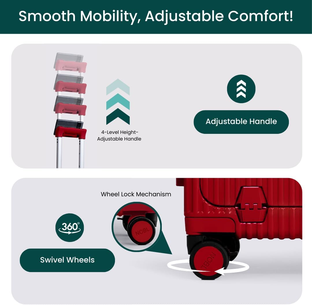 Nobl Travel Carry On Luggage, Noble Zipperless Aluminum Frame PC Hard Shell Suitcase, 20.8"x15"x8.7" Airline Approved, 360° Spinner Wheels, TSA Locks, USB Charging Port, Cup & Phone Holder - Red