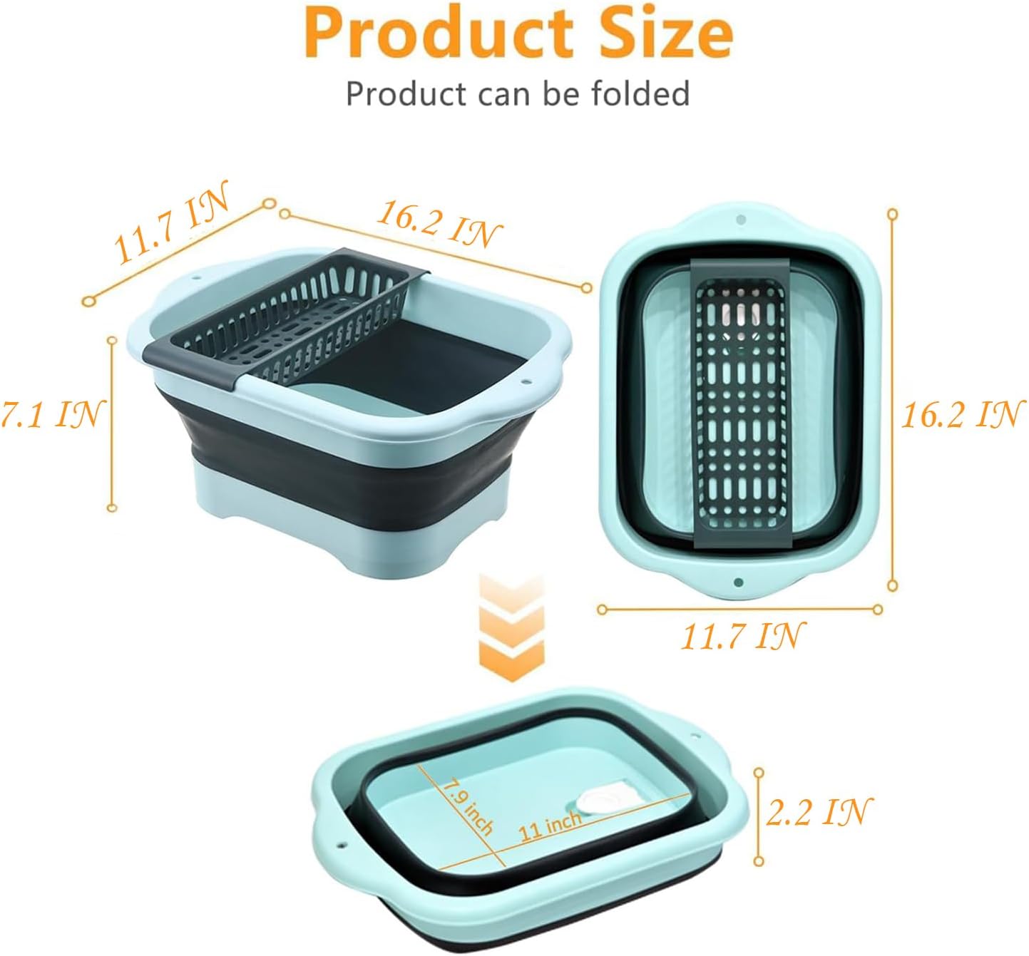 2.98 Gallon (11.28L) Collapsible Dish Basin with Drain Plug, Outdoor Multiuse Foldable Sink Tub, Dishpan, Wash Basin, Portable Kitchen Storage Tray for Camping, RV, Beverage Bucket (Green)