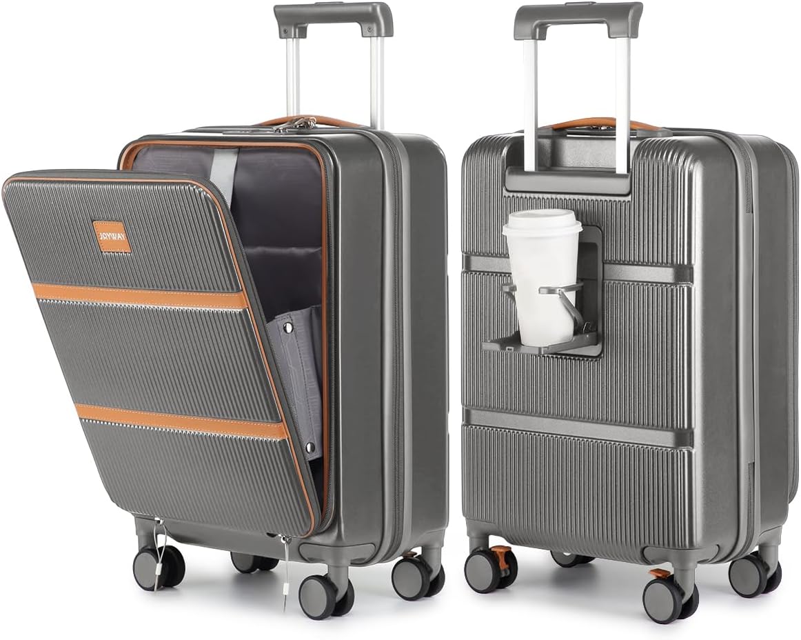 Joyway Carry on Luggage Airline Approved with Front Pocket, Hard Shell 20 Inch Travel Luggages with Cup Holder, Carry-on Suitcase with Spinner Wheels for Men and Women (Grey, 20 Inch)