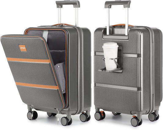 Joyway Carry on Luggage Airline Approved with Front Pocket, Hard Shell 20 Inch Travel Luggages with Cup Holder, Carry-on Suitcase with Spinner Wheels for Men and Women (Grey, 20 Inch)