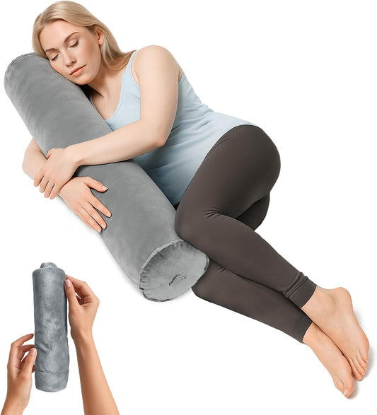 ETROL Inflatable Body Pillow for Adults, 35-inch Long Pillows for Bed, Bolster Pregnancy Pillows for Sleeping, Inflatable Travel Full Body Pillow, Hug Round Pillow for Side Sleeper, Soft Velvet, Grey