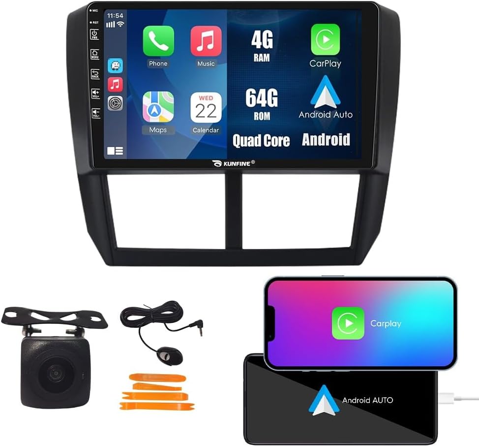 Kunfine Car CarPlay Android Auto Navigation Stereo GPS Radio Reverse Camera Display 9" IPS Touchscreen Headunit Tablet Pad Media Player for Subaru Forester 2007-2013, if Applicable Quad Core 4G+64G