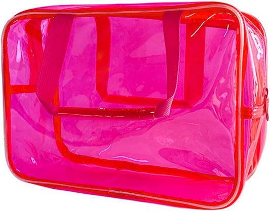 Clear Makeup Bag Travel Toiletry Artist Bag, Multifunction Waterproof Clear PVC Tote Handbag with Zipper, Hot Pink