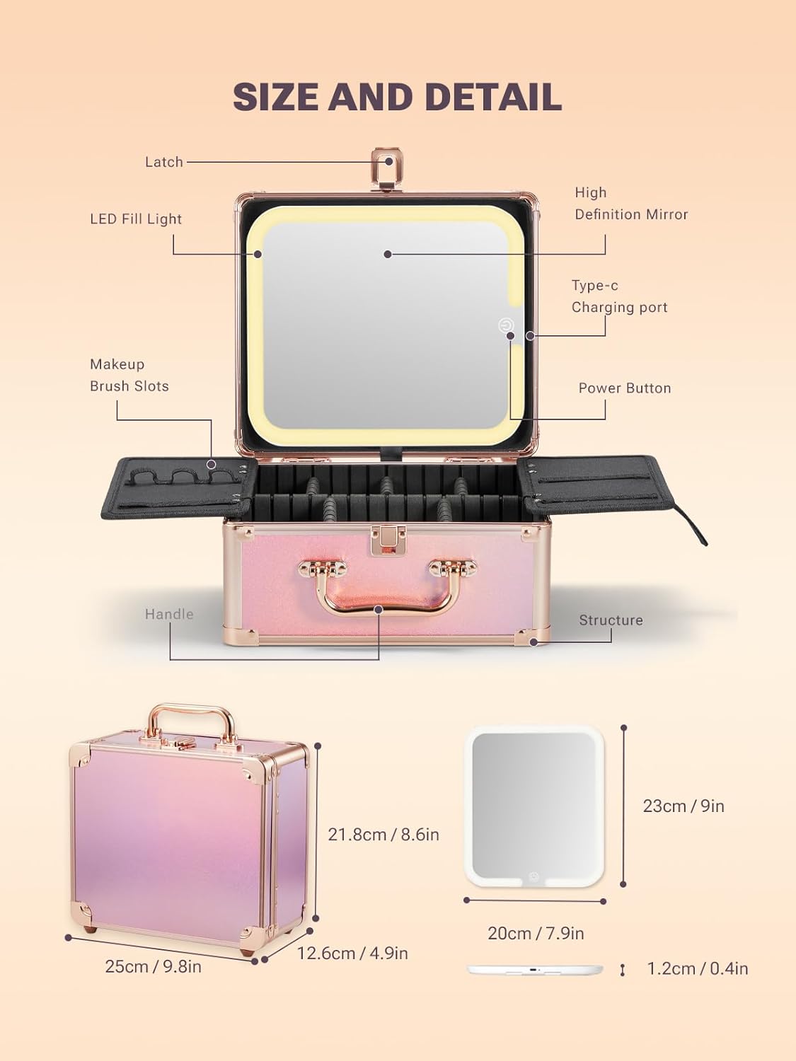 Qislee Makeup Box with A Detachable Lighted Mirror, Waterproof Travel Train Case, Cosmetic Organizer and Makeup Suitcase with Adjustable Dividers, Magnetic LED Mirror(Sparkling Gradient Pink)