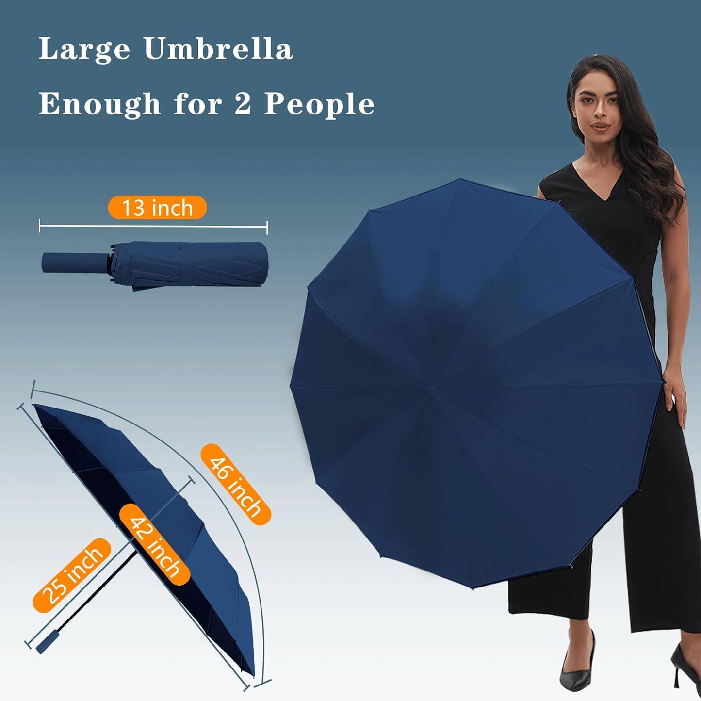 Large Double-Ribs Umbrella Automatic Folding Umbrella for Women Men, Travel, UPF 50+ UV Protection