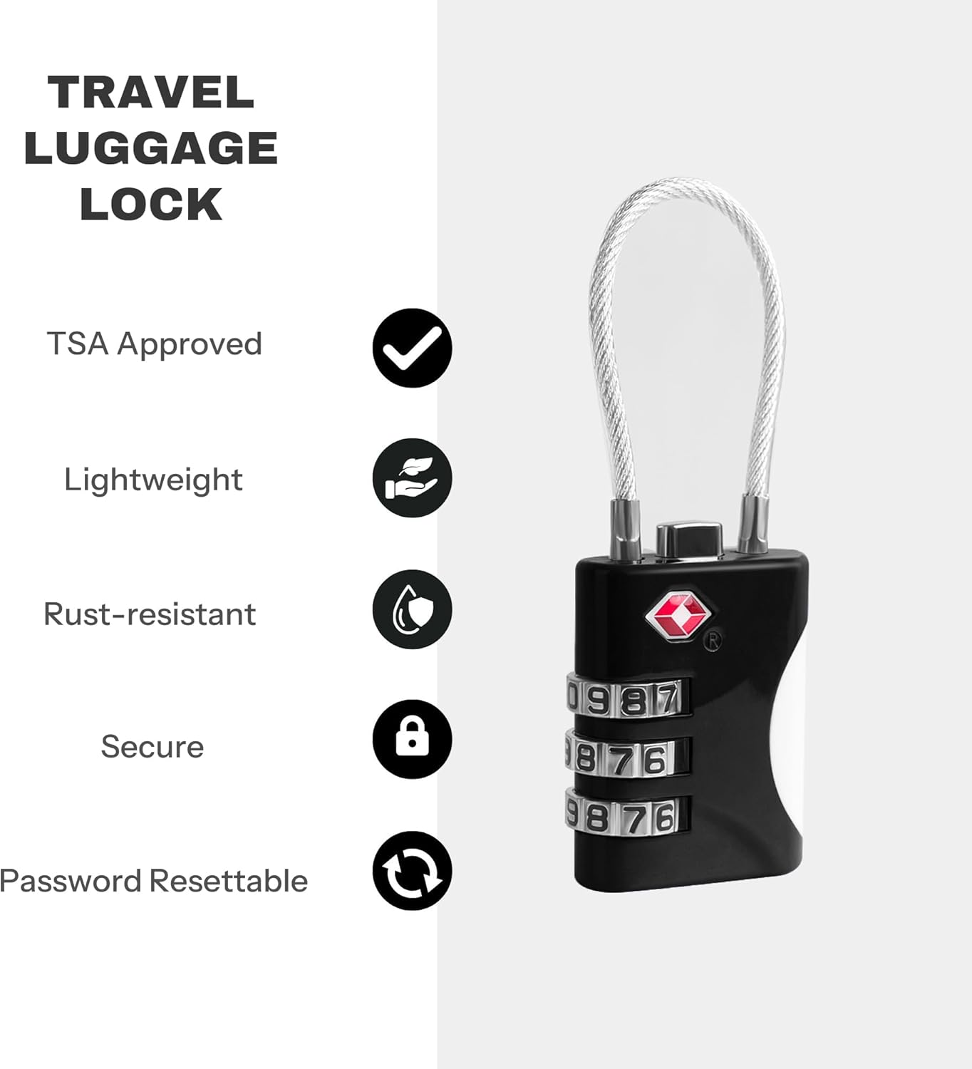 TSA Approved Luggage Locks - Small Combo Travel Padlock with Cable, TSA 007 Suitcase & Backpack Security, Durable & Easy to Use (Black+Blue)