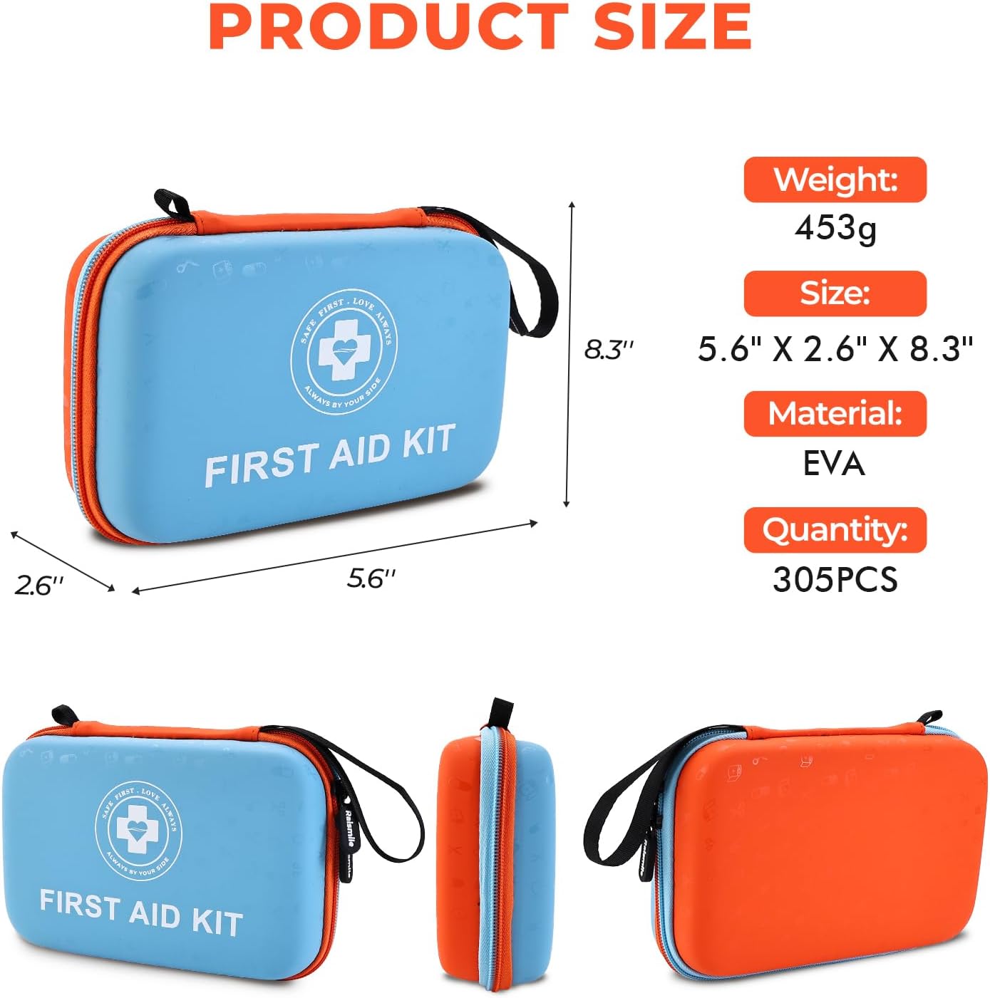 Premium First Aid Kit - 305 Piece Dual-Color Emergency Kit with Hard Shell & Fluorescent Interior Coating, Compact Survival Kit for Home, Car, Travel, Hiking & Outdoor(Blue/Orange)