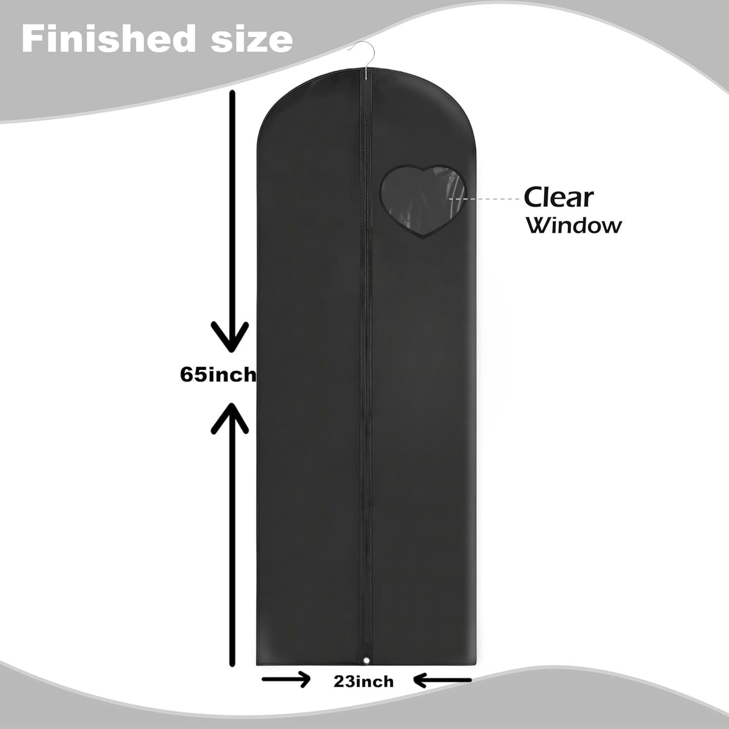 Dress Bags for Gowns Long, 65'' Garment Bags for Hanging Clothes, Suit Bag Cover for Storage and Travel, with Clear Heart Window, 2 Pack (Black)
