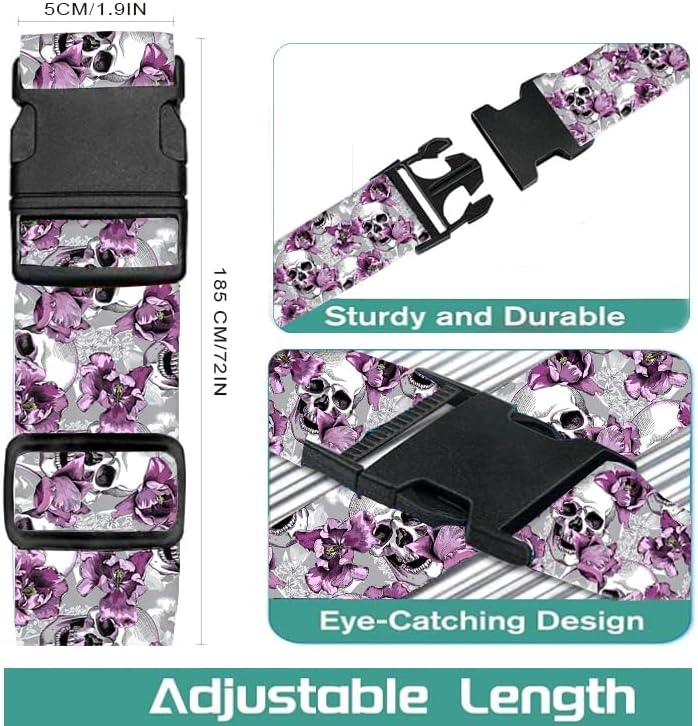 Luggage Straps for Suitcases Travel Belt Accessories, Cute Suitcase Strap, Adjustable Luggage Belt Strap, Heavy Duty with Quick-Release Buckle Luggage Strap Skull Flowers