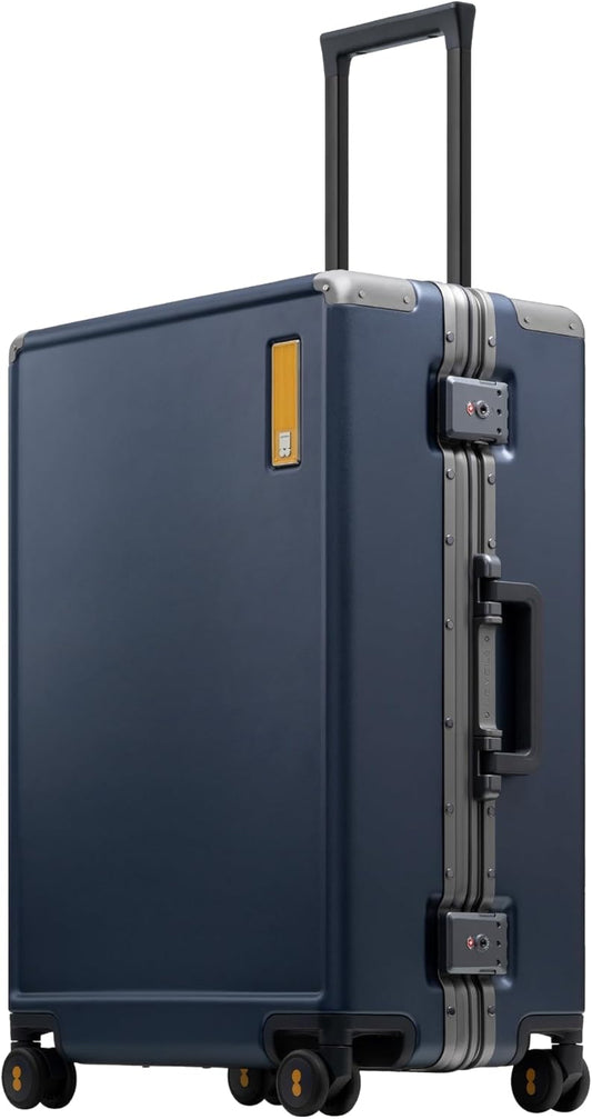 LEVEL8 Zipperless Checked Luggage with Aluminum Frame, Upgraded Medium Hardside Suitcase with Spinner Wheels, Metal Travel Luggage with Double Tsa Locks, 24 Inch, Blue