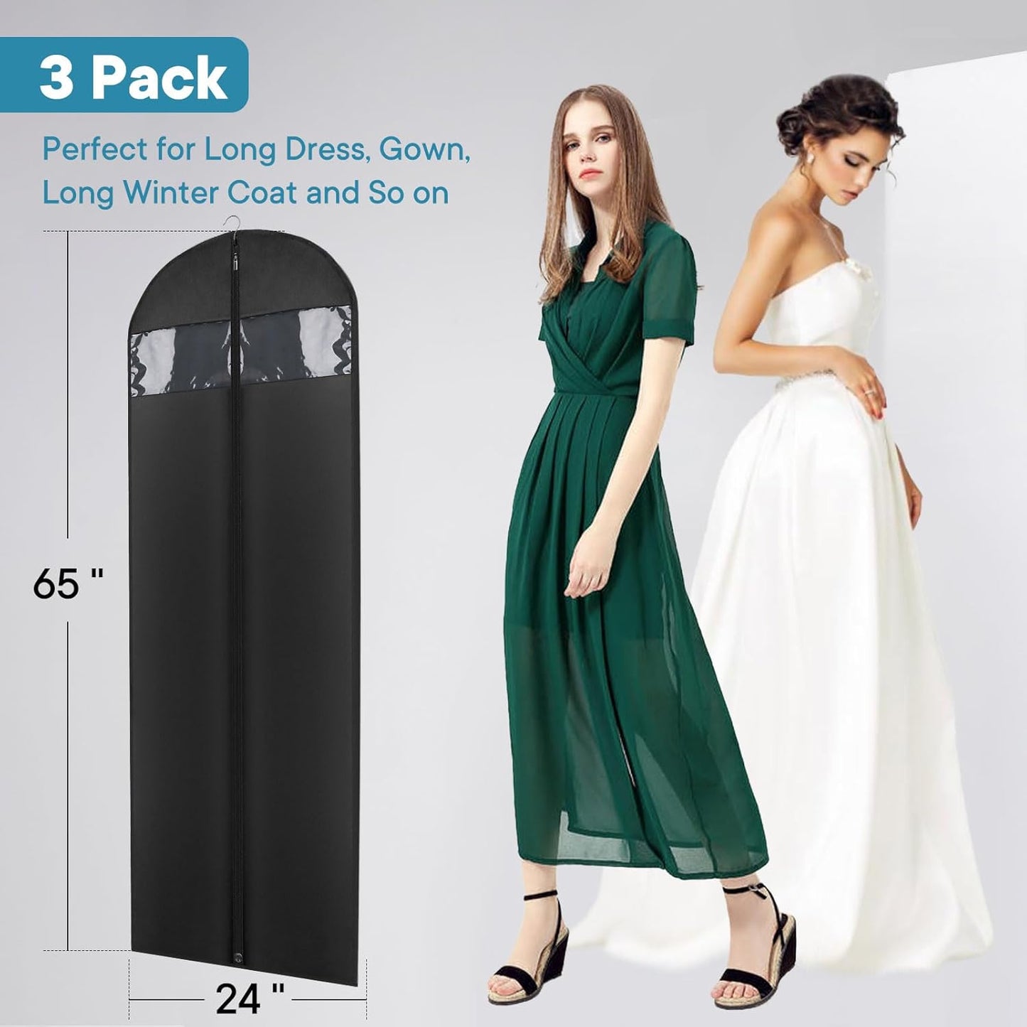 Dress Bags for Gowns, 65" Long Garment Bags for Hanging Clothes, 3-Pack Foldable Dress Cover with Clear Window for Women's Coats, Formal Gowns, and Evening Dresses